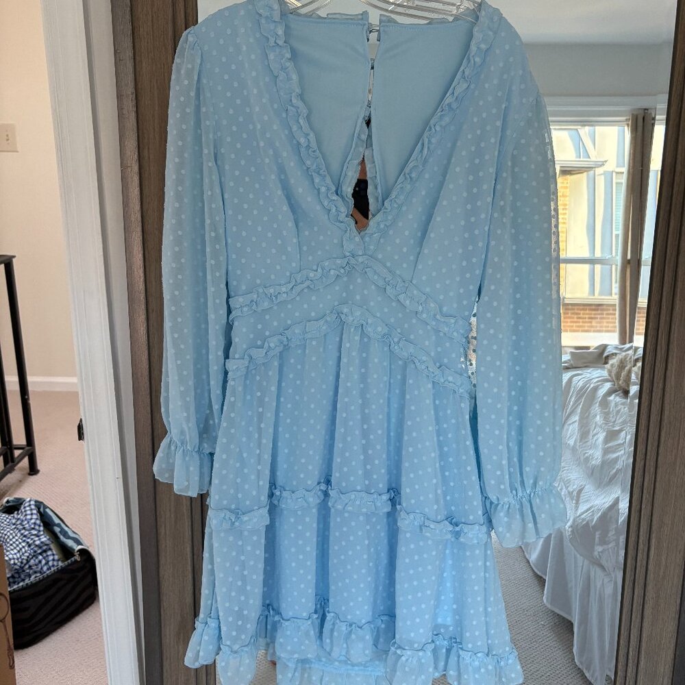 Floral, blue polka dot chiffon long sleeve dress